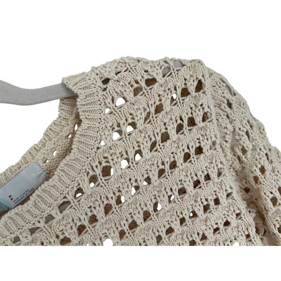 Free People Beach Crop Top Crochet Knit Open Back & Adjustable Tie Beige Long Sl - Picture 3 of 10